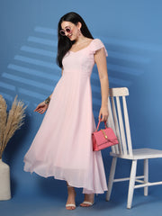 Solid Georgette Fit & Flare Dress Sleeveless, Sweetheart Neck Strape Frill Pattern