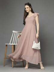 Solid Georgette Fit & Flare Dress Sleeveless, Sweetheart Neck Strape Frill Pattern