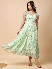 Georgette Printed Long Dress Sleeveless, V Neck Strape Frill Pattern