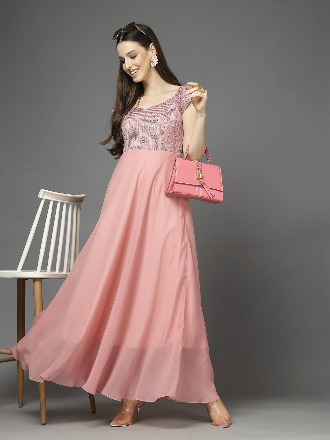 Zara Solid Sequin Fit & Flare Dress Sleeveless, Sweetheart Neck Strape Frill Pattern