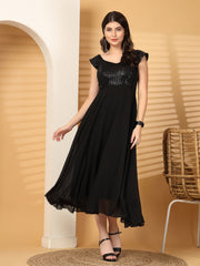 Zara Solid Sequin Fit & Flare Dress Sleeveless, Sweetheart Neck Strape Frill Pattern