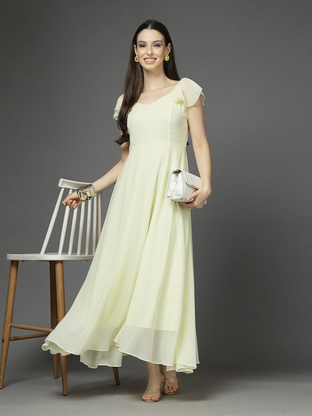 Solid Georgette Fit & Flare Dress Sleeveless, Sweetheart Neck Strape Frill Pattern