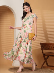 Georgette Printed Long Dress Sleeveless, V Neck Strape Frill Pattern