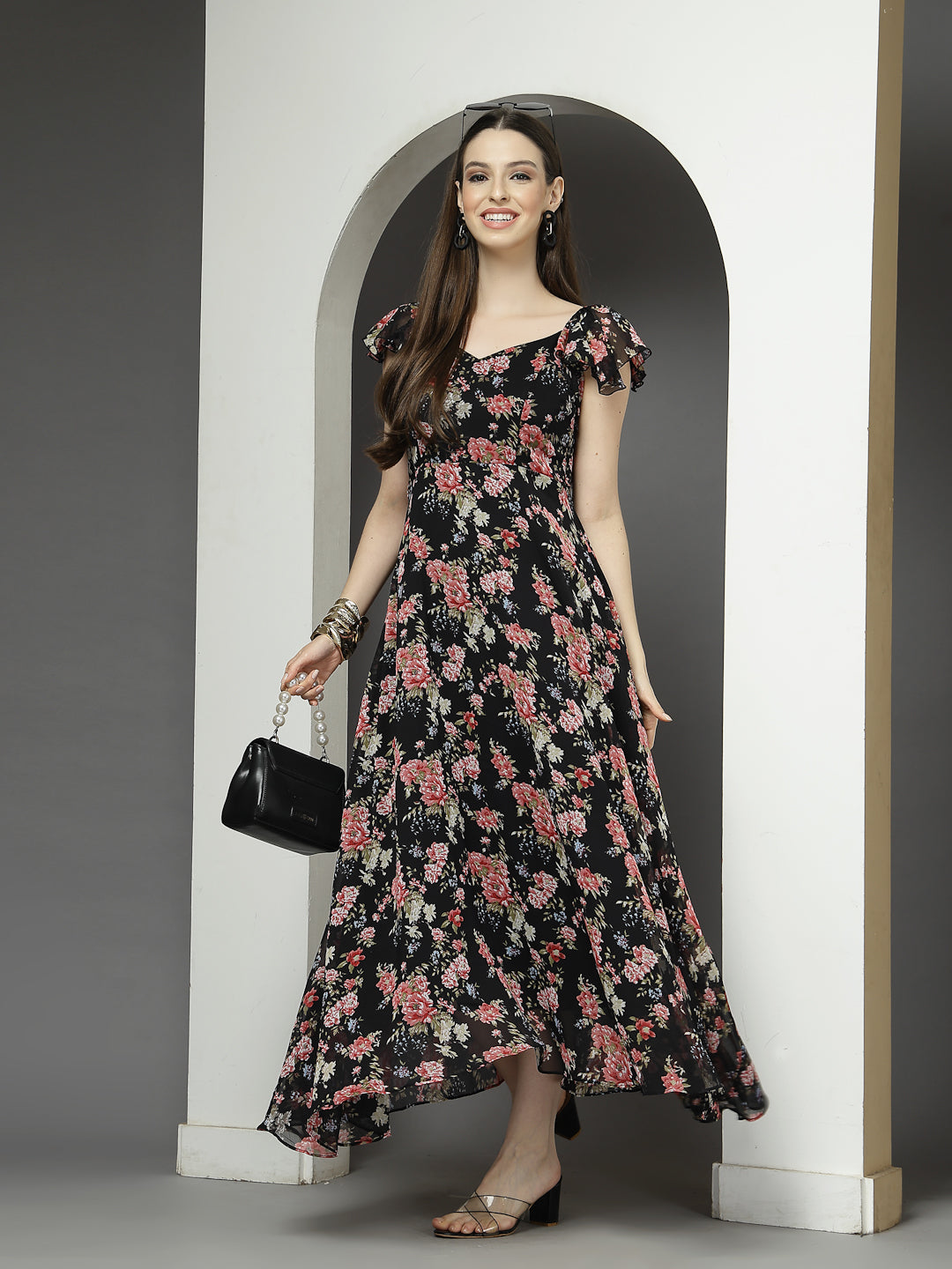 Georgette Printed Long Dress Sleeveless, V Neck Strape Frill Pattern