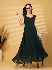 Solid Georgette Fit & Flare Dress Sleeveless, Sweetheart Neck Strape Frill Pattern