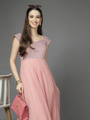 Zara Solid Sequin Fit & Flare Dress Sleeveless, Sweetheart Neck Strape Frill Pattern