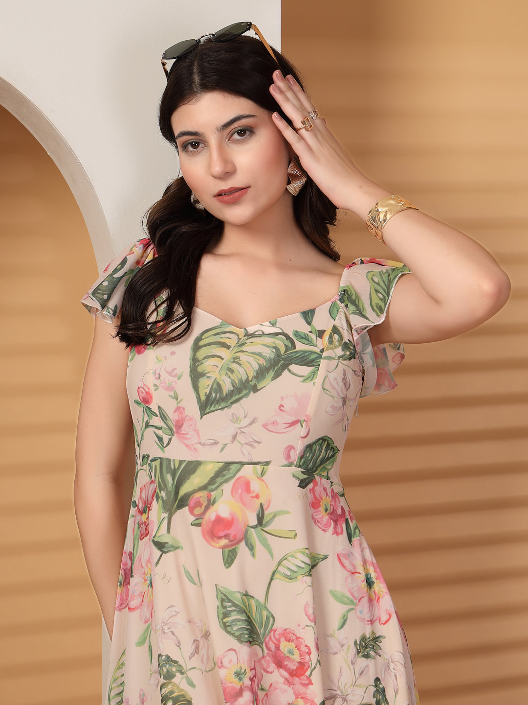 Georgette Printed Long Dress Sleeveless, V Neck Strape Frill Pattern