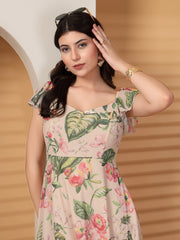 Georgette Printed Long Dress Sleeveless, V Neck Strape Frill Pattern