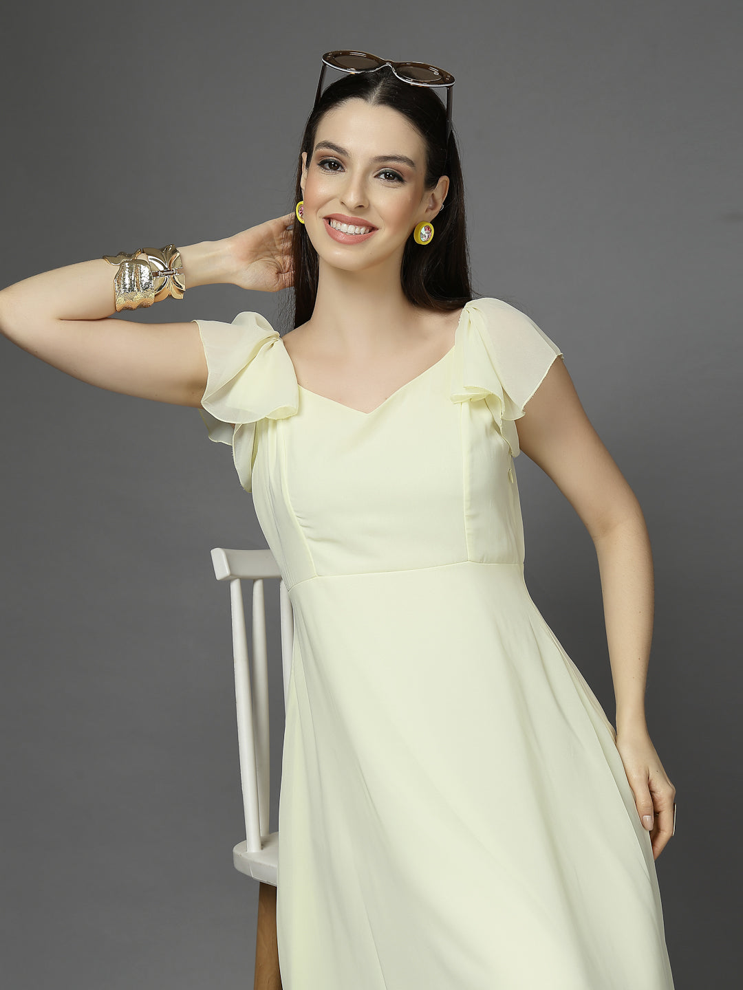 Solid Georgette Fit & Flare Dress Sleeveless, Sweetheart Neck Strape Frill Pattern