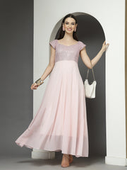 Zara Solid Sequin Fit & Flare Dress Sleeveless, Sweetheart Neck Strape Frill Pattern