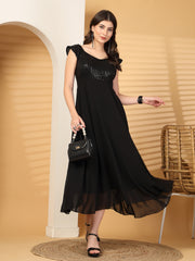 Zara Solid Sequin Fit & Flare Dress Sleeveless, Sweetheart Neck Strape Frill Pattern