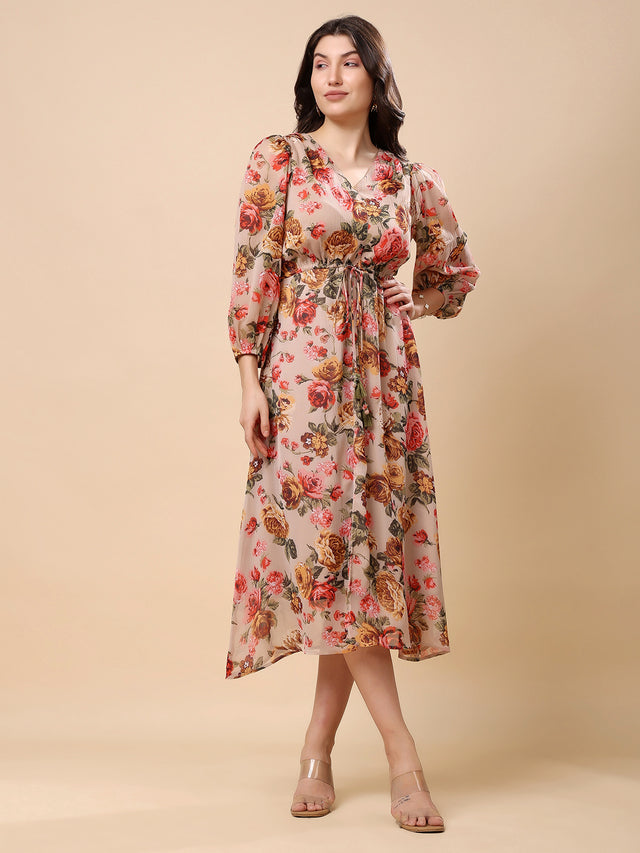 Chiffon Cream Long Dress With Full Stylish Sleeve