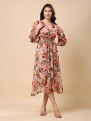 Chiffon Cream Long Dress With Full Stylish Sleeve