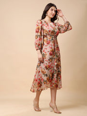 Chiffon Cream Long Dress With Full Stylish Sleeve