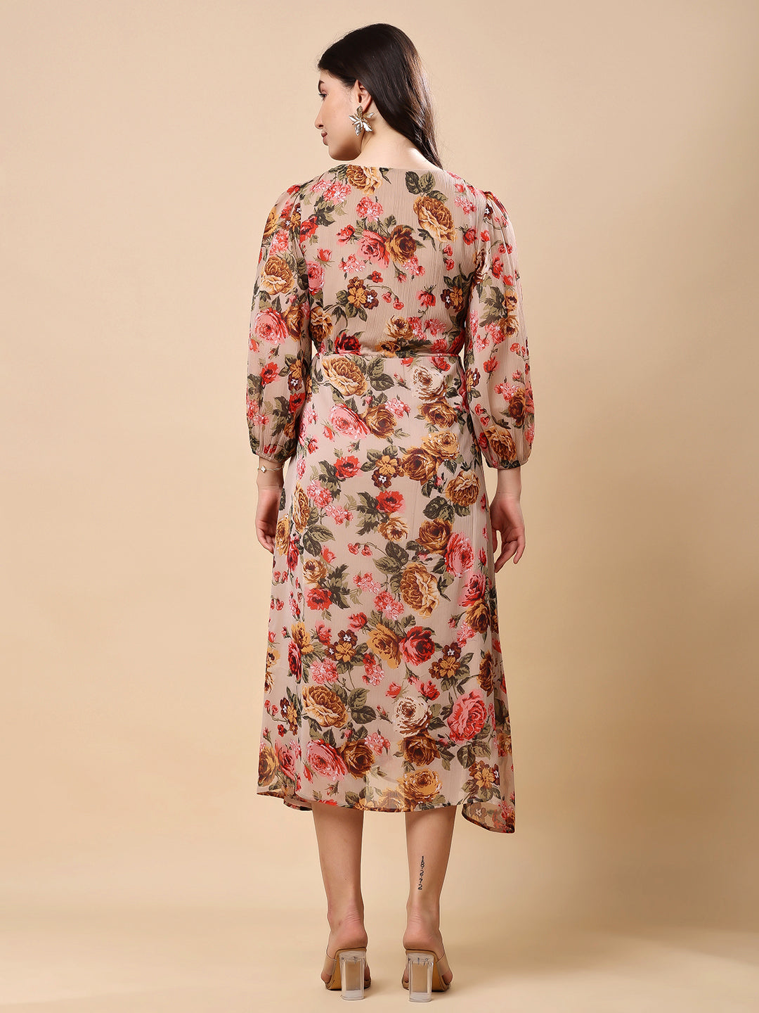 Chiffon Cream Long Dress With Full Stylish Sleeve