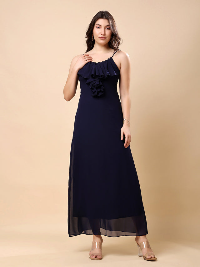 Solid Georgette Long Casual Dress With Georgette Front Frill
