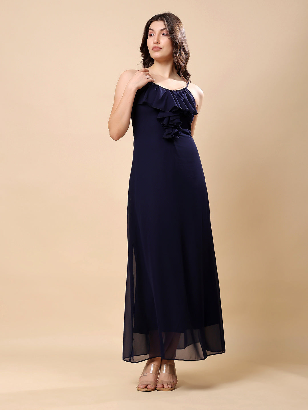 Solid Georgette Long Casual Dress With Georgette Front Frill