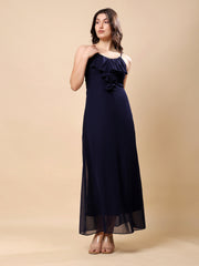 Solid Georgette Long Casual Dress With Georgette Front Frill