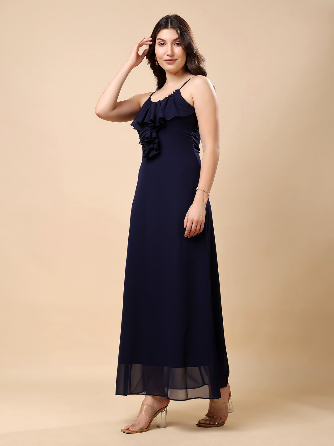Solid Georgette Long Casual Dress With Georgette Front Frill