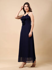Solid Georgette Long Casual Dress With Georgette Front Frill