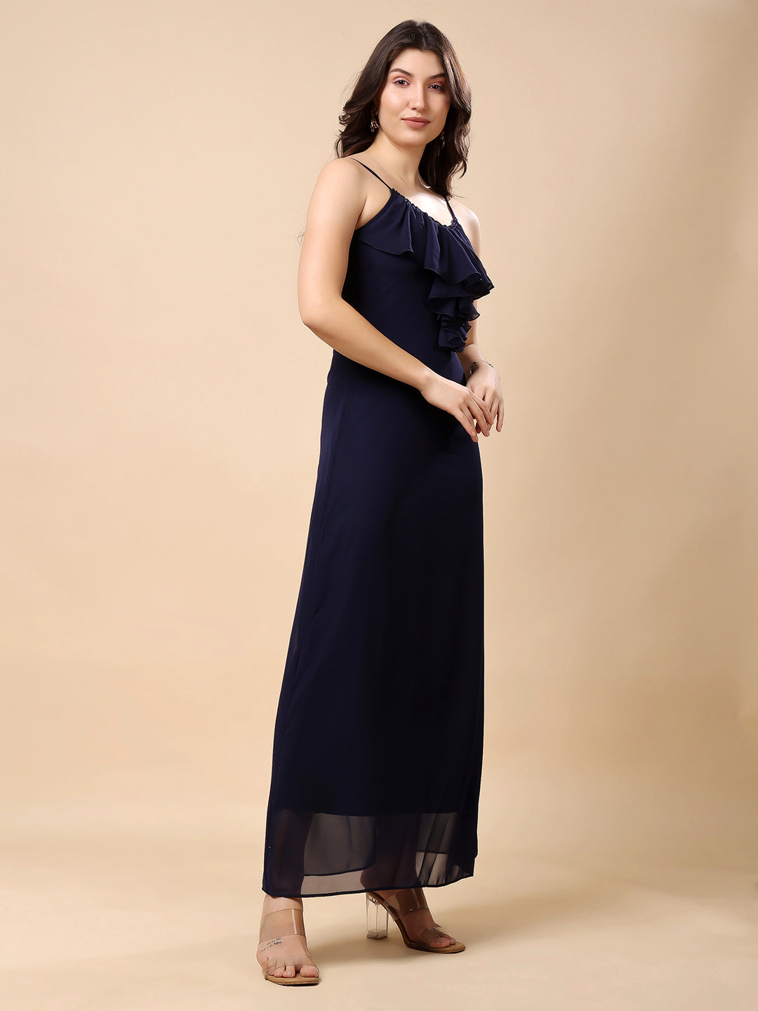 Solid Georgette Long Casual Dress With Georgette Front Frill