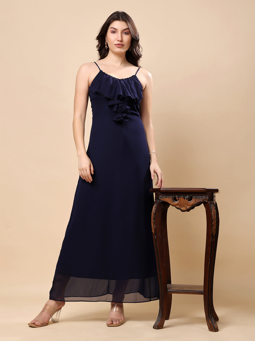 Solid Georgette Long Casual Dress With Georgette Front Frill