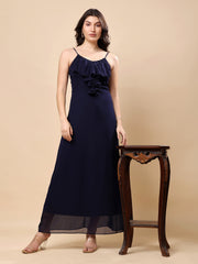 Solid Georgette Long Casual Dress With Georgette Front Frill
