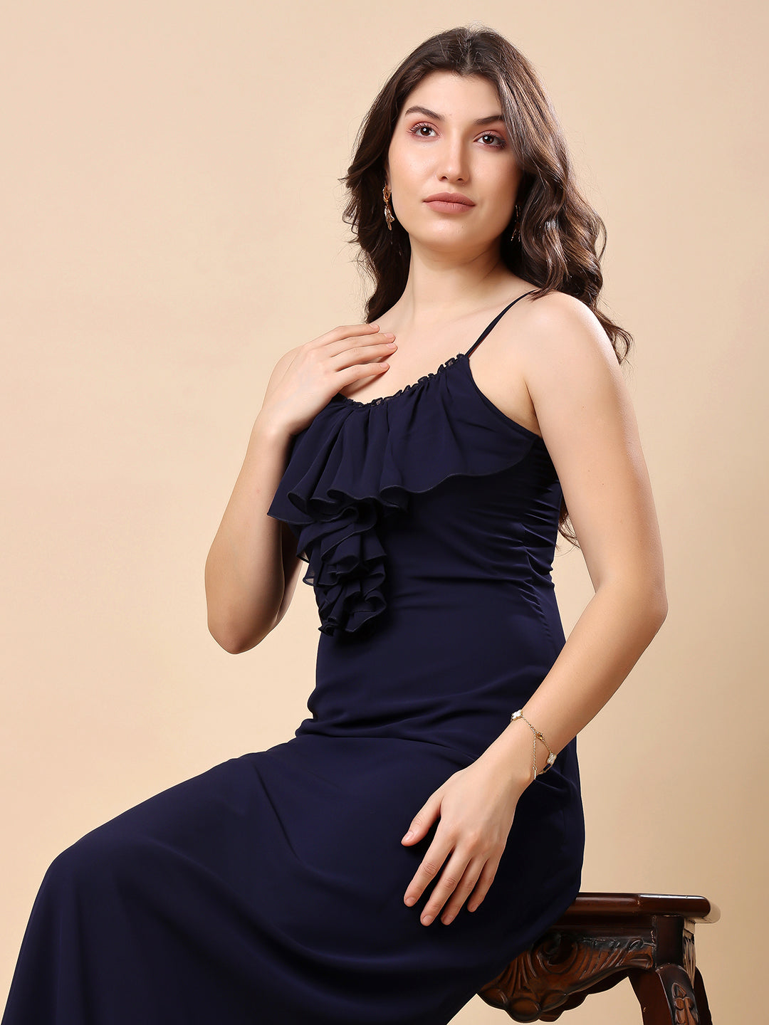 Solid Georgette Long Casual Dress With Georgette Front Frill