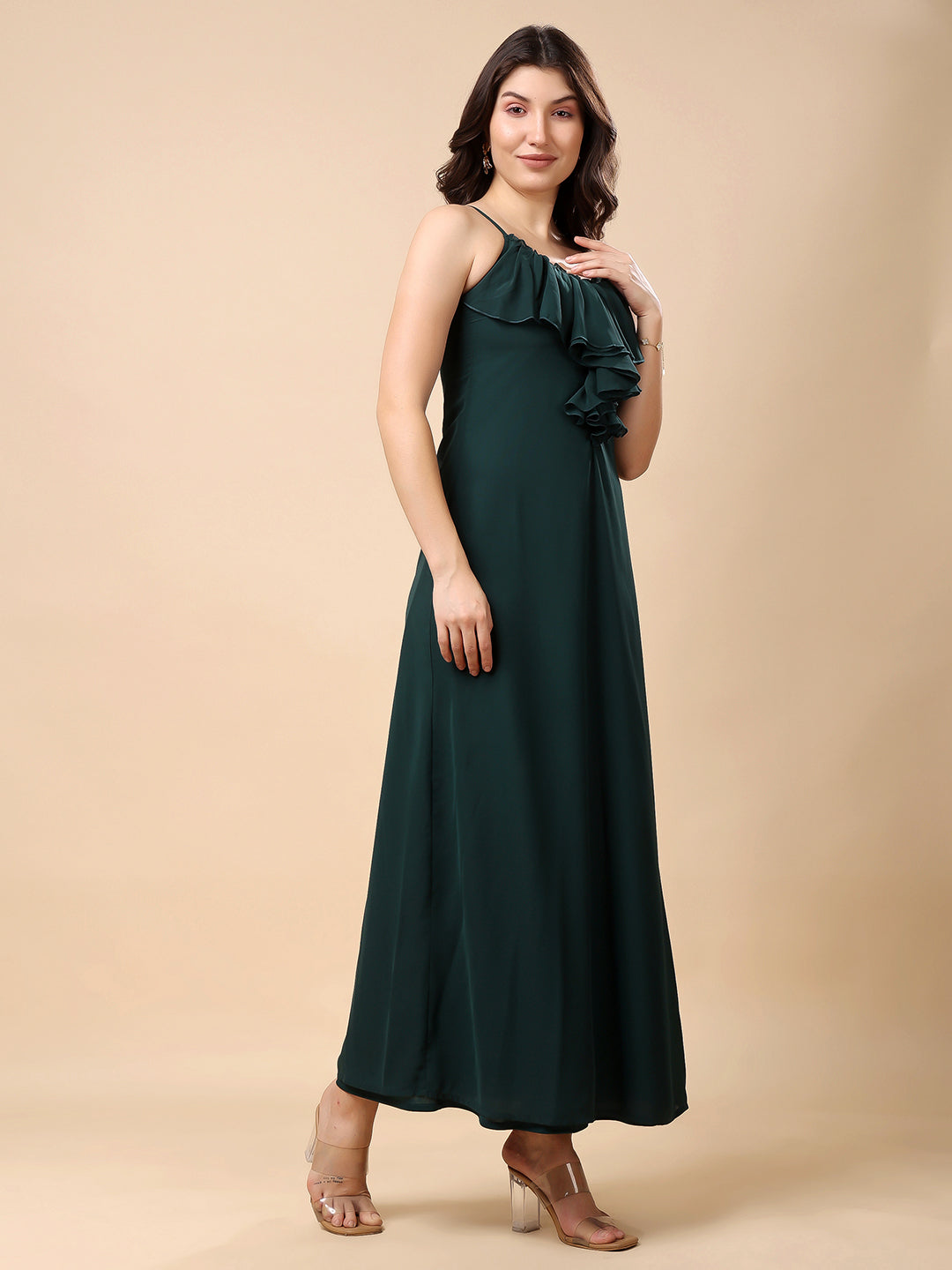 Solid Georgette Long Casual Dress With Georgette Front Frill