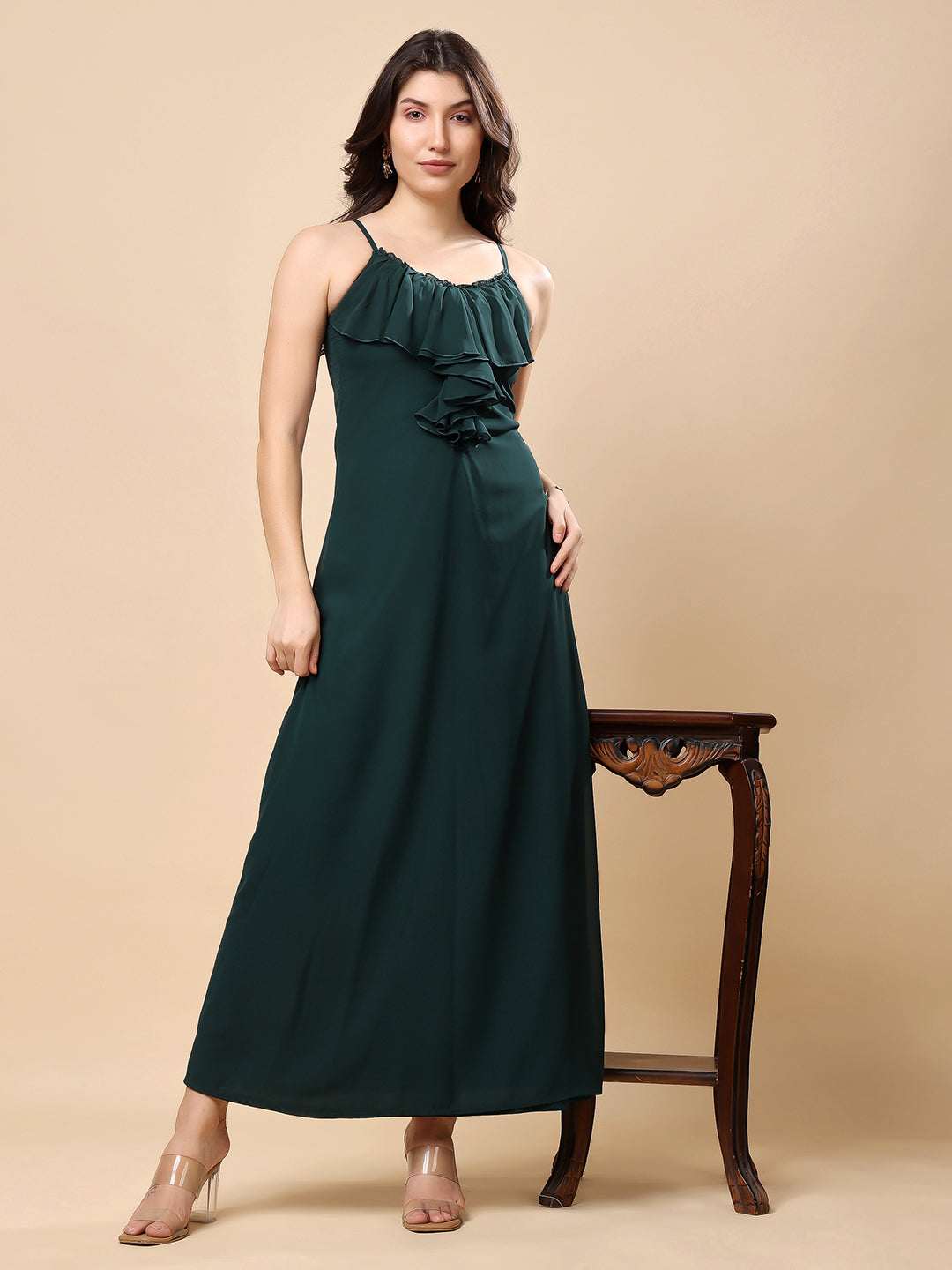 Solid Georgette Long Casual Dress With Georgette Front Frill