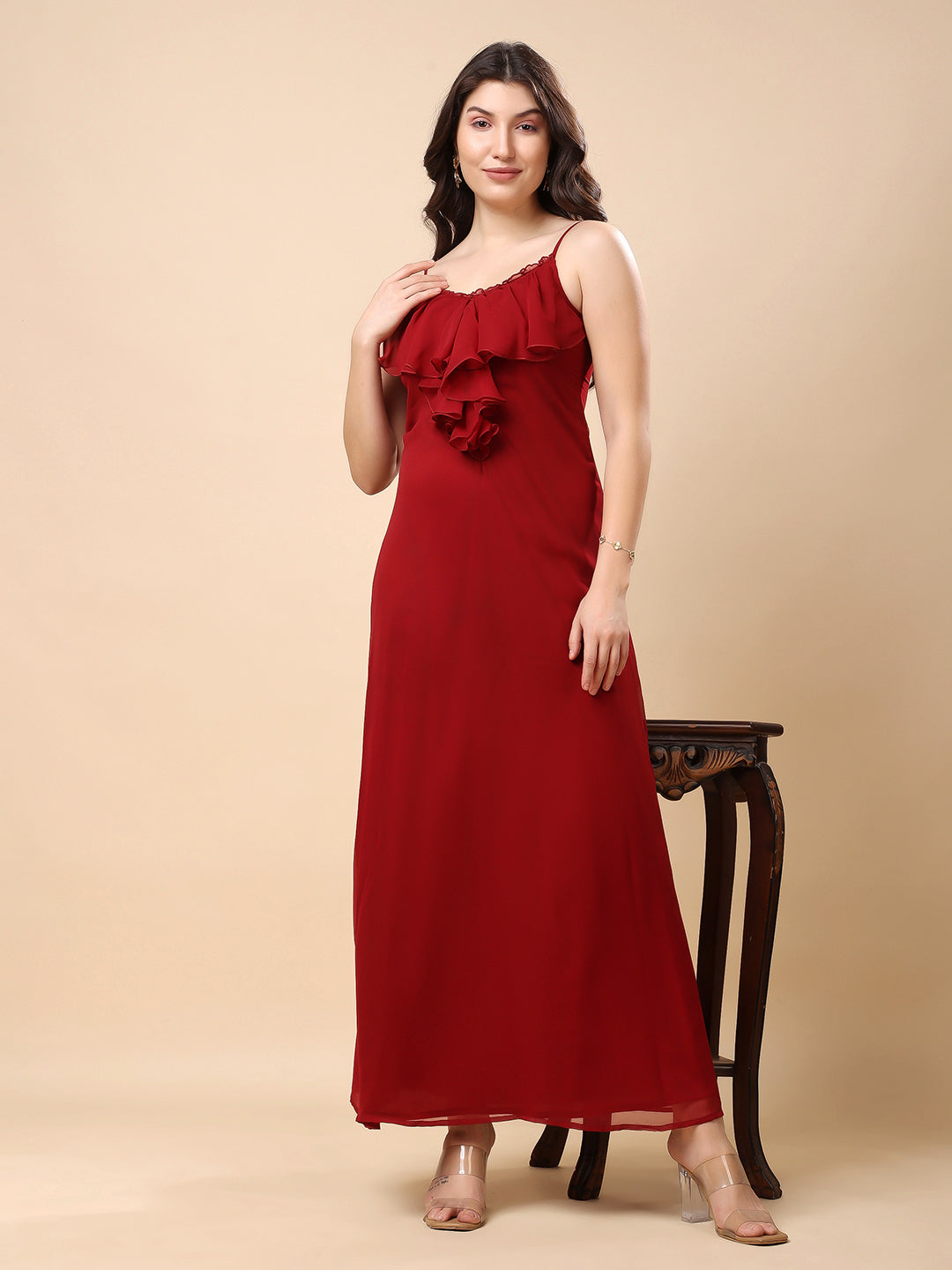 Solid Georgette Long Casual Dress With Georgette Front Frill