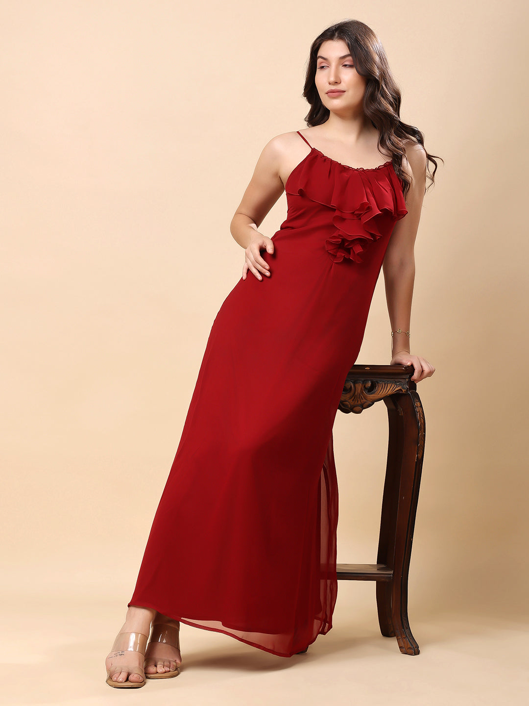 Solid Georgette Long Casual Dress With Georgette Front Frill