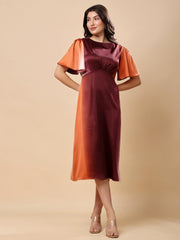 Multi Satin Midi Dress, Flared Sleeve
