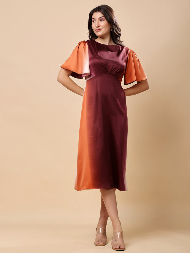 Multi Satin Midi Dress, Flared Sleeve