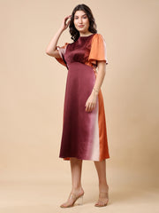 Multi Satin Midi Dress, Flared Sleeve