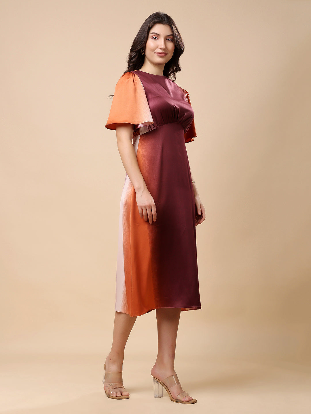 Multi Satin Midi Dress, Flared Sleeve