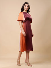 Multi Satin Midi Dress, Flared Sleeve