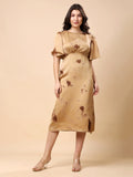 Brown Satin Midi Dress, Flared Sleeve