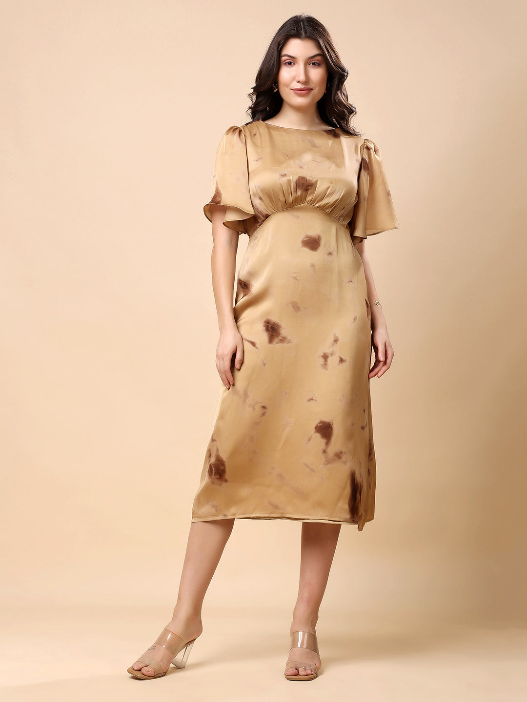 Brown Satin Midi Dress, Flared Sleeve