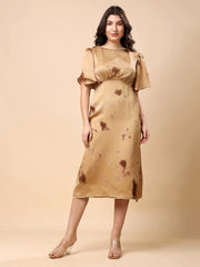 Brown Satin Midi Dress, Flared Sleeve