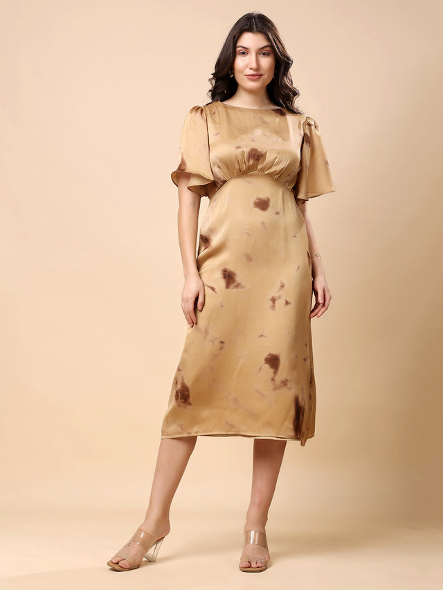 Brown Satin Midi Dress, Flared Sleeve