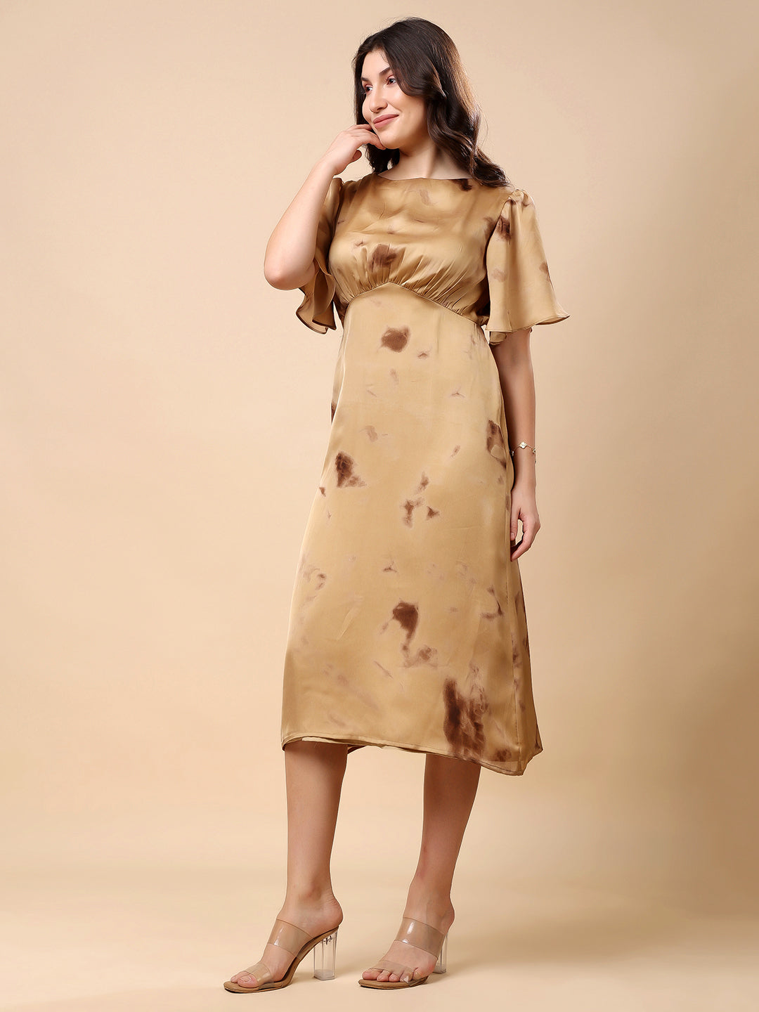Brown Satin Midi Dress, Flared Sleeve