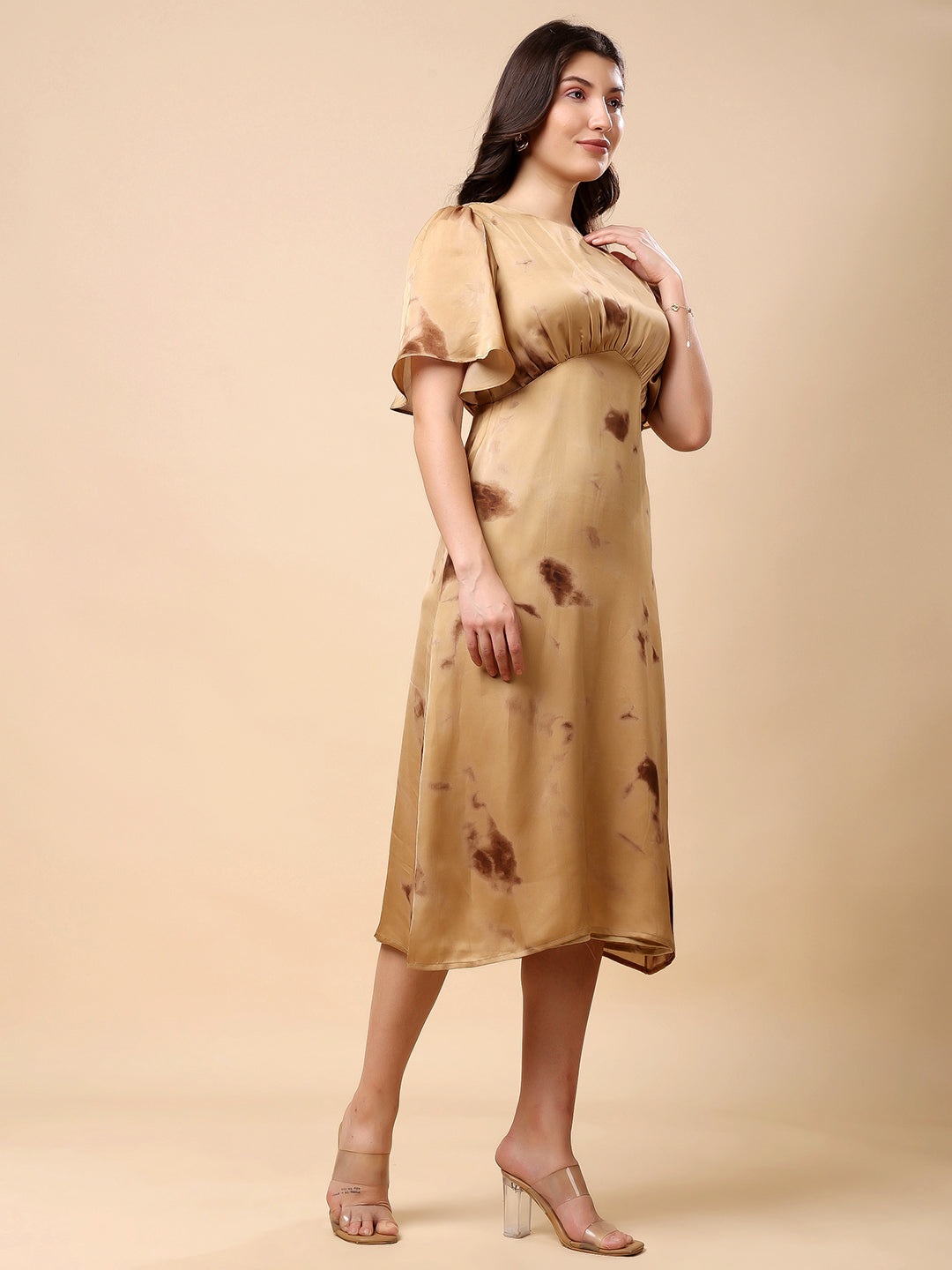 Brown Satin Midi Dress, Flared Sleeve