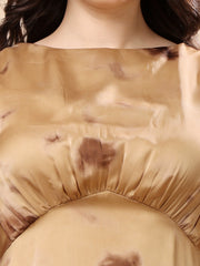 Brown Satin Midi Dress, Flared Sleeve