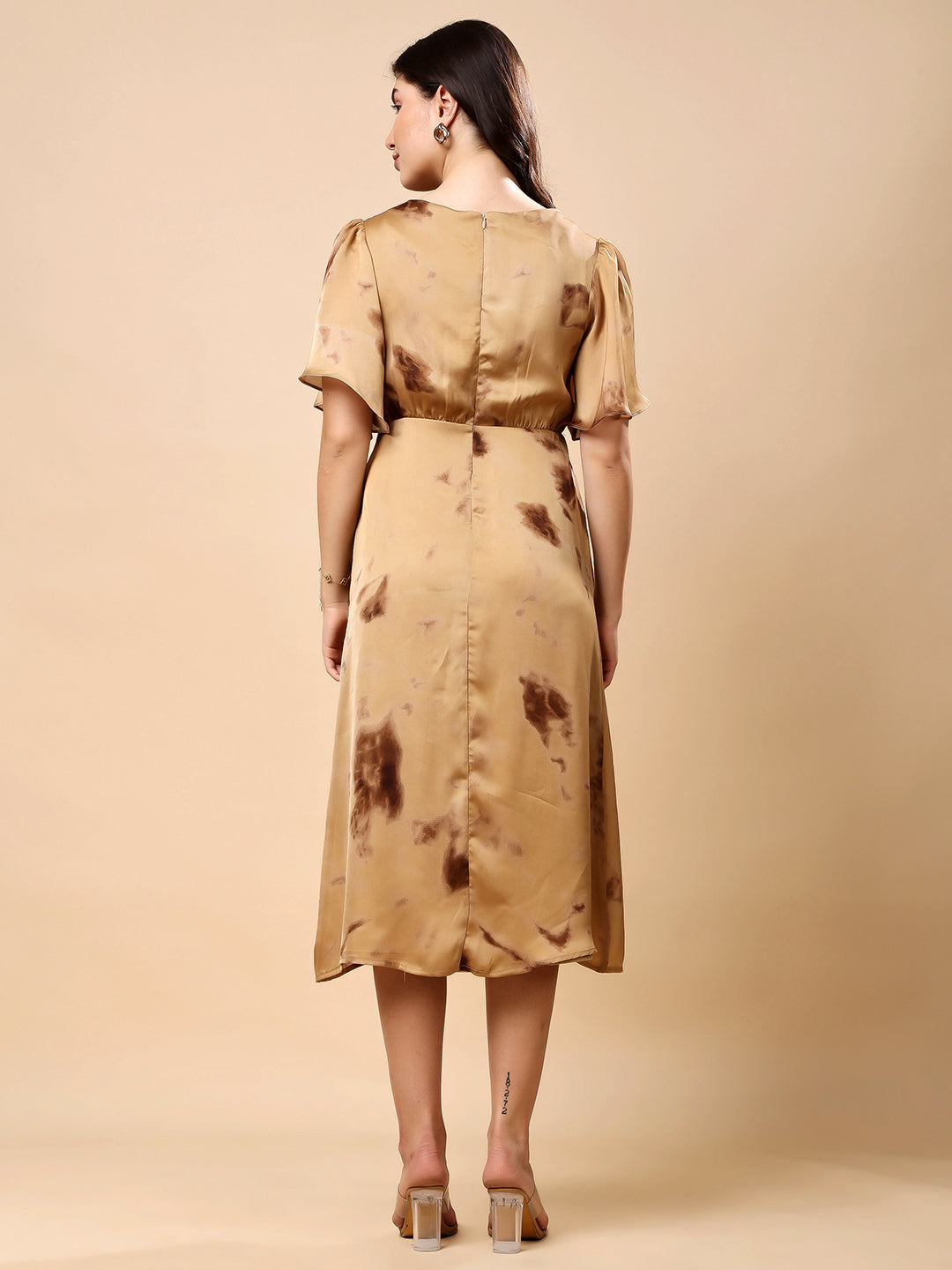 Brown Satin Midi Dress, Flared Sleeve