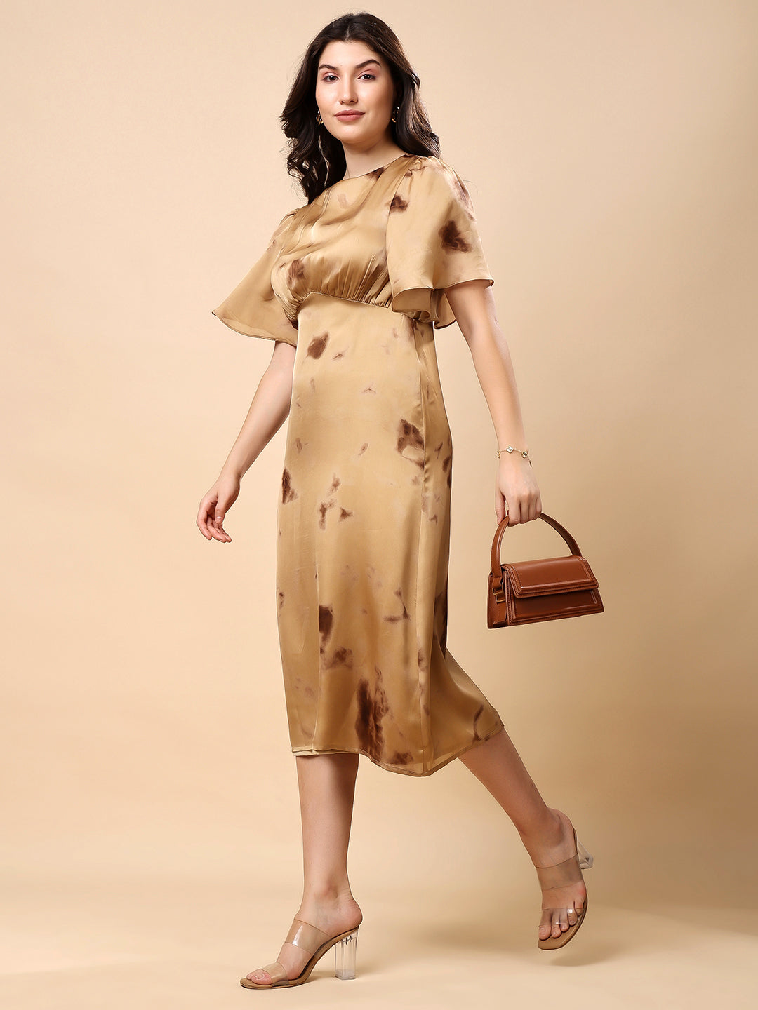 Brown Satin Midi Dress, Flared Sleeve