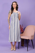 Women's Printed Cotton Midi Dress, Sleeveless, Striped Pattern