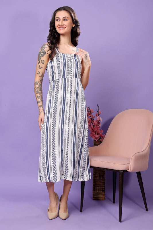 Women's Printed Cotton Midi Dress, Sleeveless, Striped Pattern