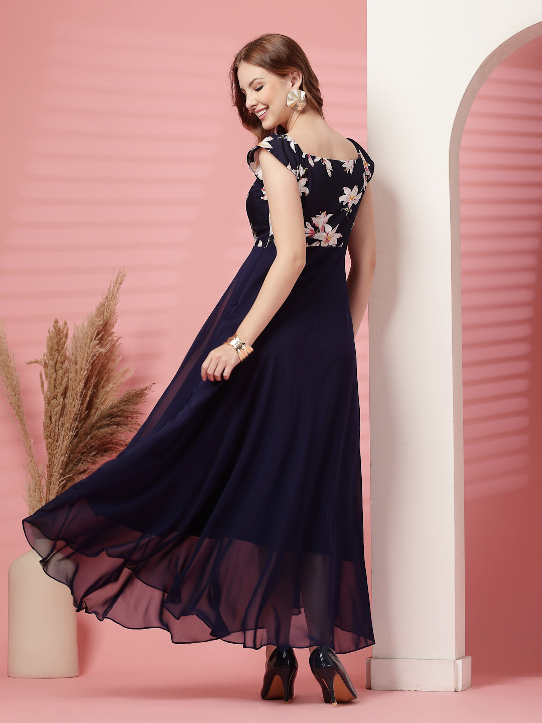 Georgette Floral Print Long Dress with Sweetheart Neck