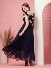 Georgette Floral Print Long Dress with Sweetheart Neck